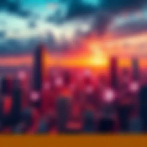 A vibrant city skyline with digital currency symbols overlayed, representing the rise of cryptocurrency adoption in emerging markets.