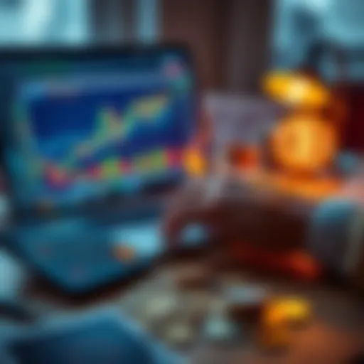 A person analyzing cryptocurrency charts on a laptop with a calculator and coins on the table