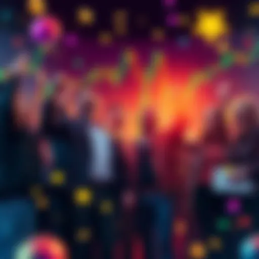 Group of excited retail investors celebrating after investing in popular ICOs with charts and coins in the background.