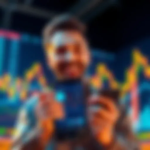 A happy crypto investor smiling while holding a phone displaying their portfolio, with a background showing upward trending charts.