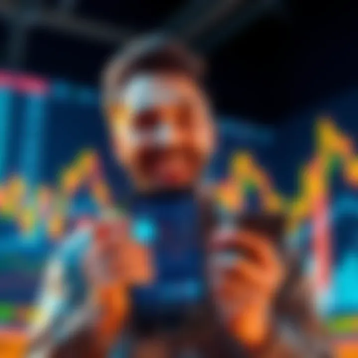 A happy crypto investor smiling while holding a phone displaying their portfolio, with a background showing upward trending charts.