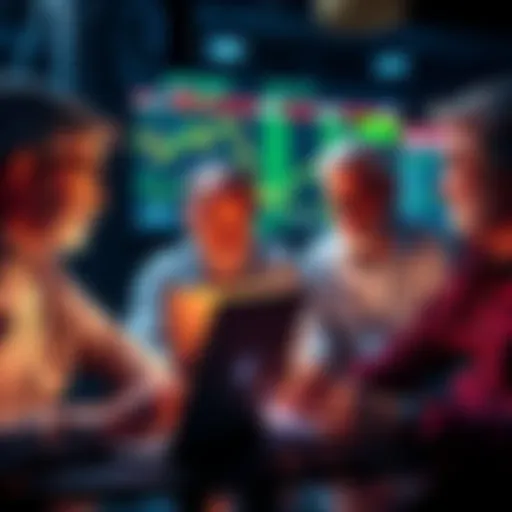 A group of seasoned crypto investors analyzing graphs and charts on laptops, showing their calm approach towards market changes