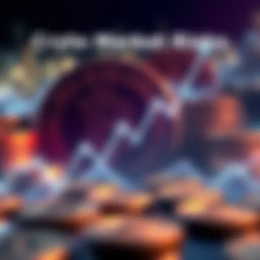An illustration showing a downward trend line representing risks in the cryptocurrency market with coins in the background