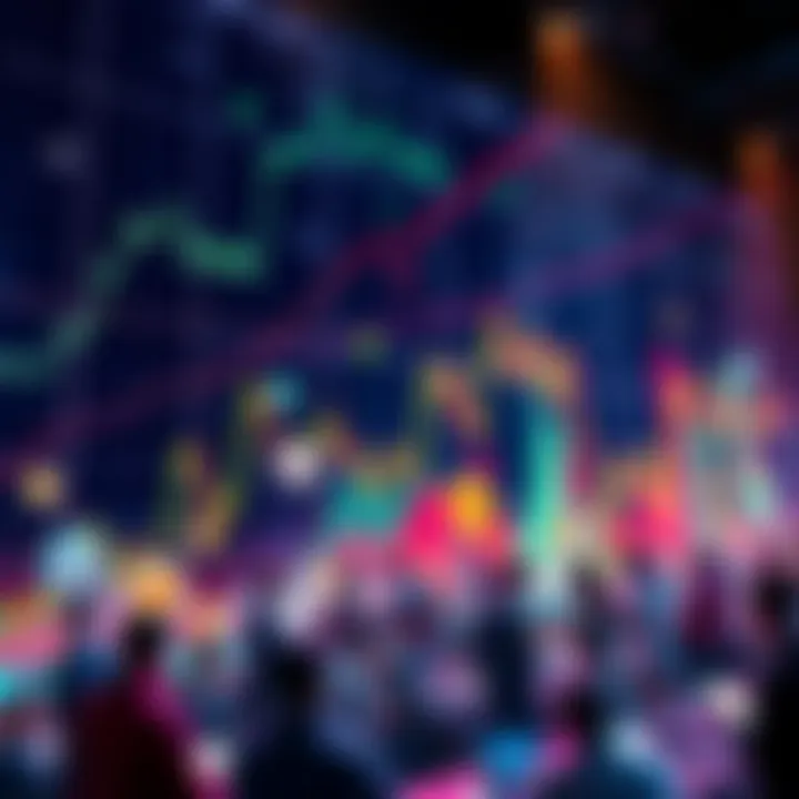 A vibrant chart showing rising and falling cryptocurrency values, with icons representing popular coins like Bitcoin and Ethereum, and people discussing trends in a lively forum setting.