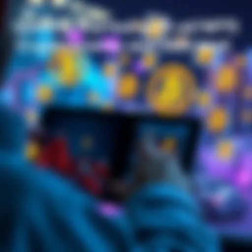 A person looking at digital art on a tablet with cryptocurrency symbols around them