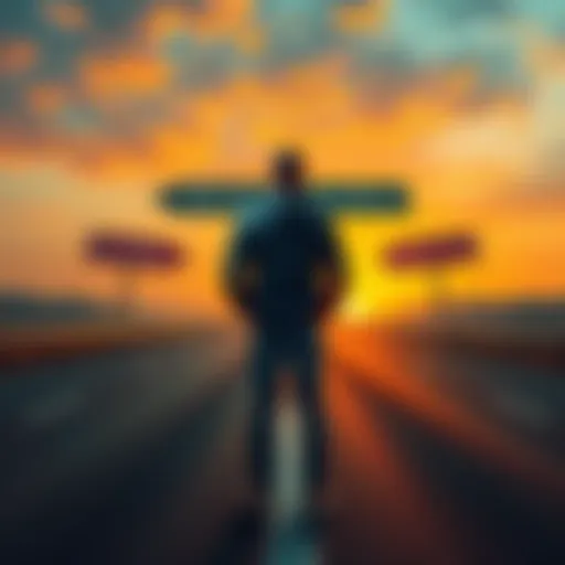 A person standing at a crossroads, debating whether to relocate, enter the grey market, or stop using cryptocurrency, with signs pointing in different directions labeled 'Relocate', 'Grey Market', and 'Abandon Crypto'.