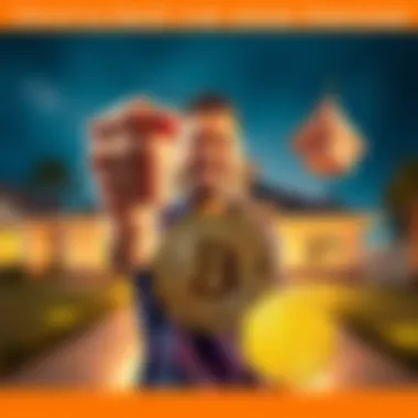 Crypto Sale for House Purchase A man holding a house key and Bitcoin symbol, celebrating his mortgage-free home purchase after selling Bitcoin.