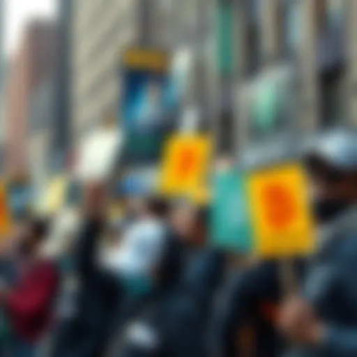 A group of diverse individuals holding cryptocurrency signs and rallying for a candidate in New York City