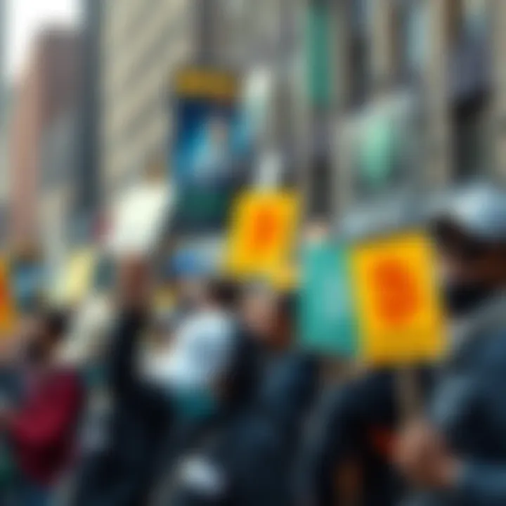 A group of diverse individuals holding cryptocurrency signs and rallying for a candidate in New York City