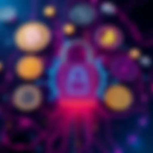 Various cryptocurrency symbols surrounded by a digital padlock representing privacy and security