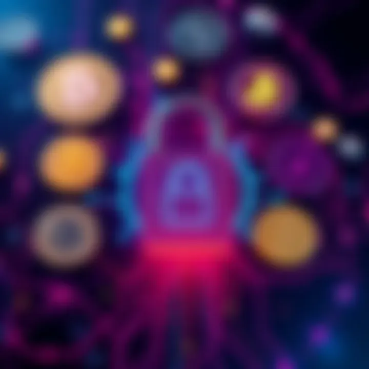 Various cryptocurrency symbols surrounded by a digital padlock representing privacy and security