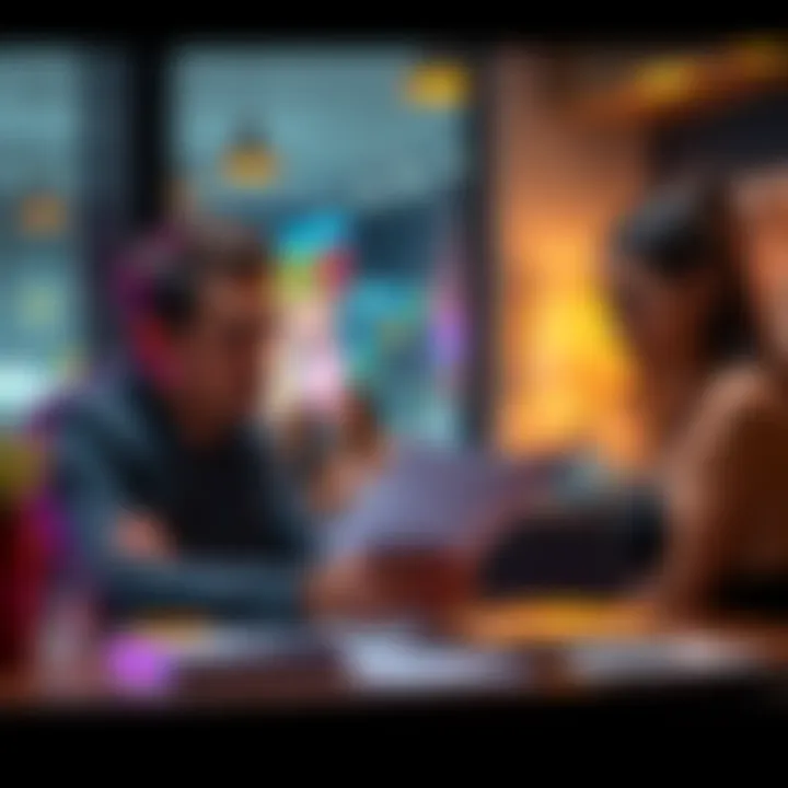 A worried crypto trader sits at a table looking at financial papers, while his influencer girlfriend takes a selfie in a luxury setting.