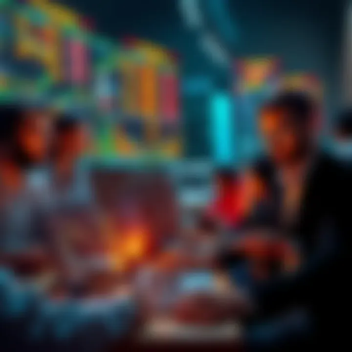 A group of individuals gathered around laptops, analyzing cryptocurrency charts and discussing market trends, showcasing the crypto culture in 2025.