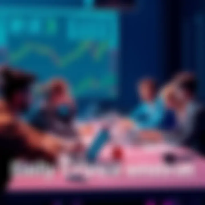 A group of people discussing cryptocurrency trends at a table with laptops and charts.