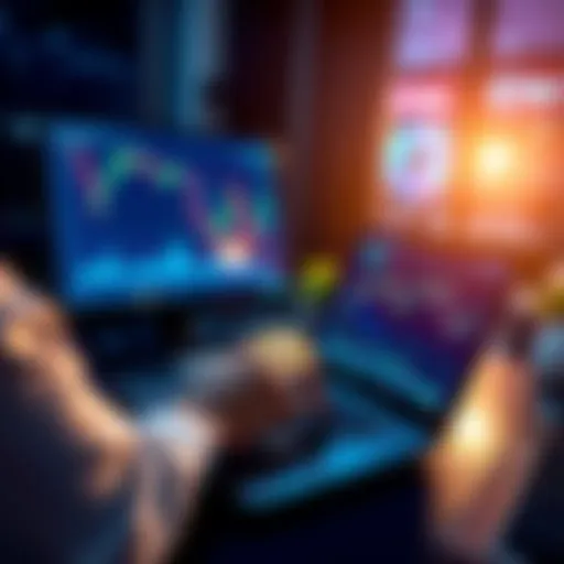 A person confidently trading cryptocurrency on a laptop with graphs and charts displayed on the screen