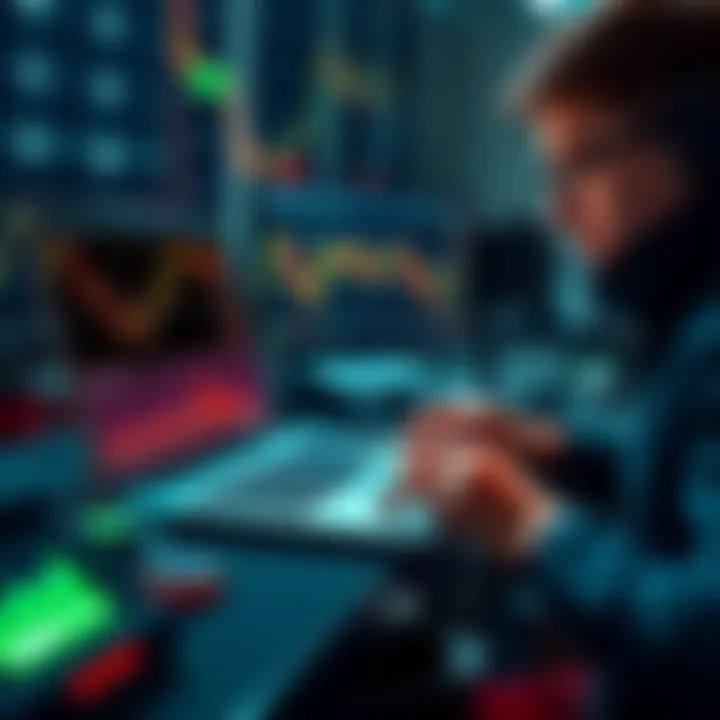 A trader analyzing cryptocurrency charts with a laptop, showing market trends and resistance levels.