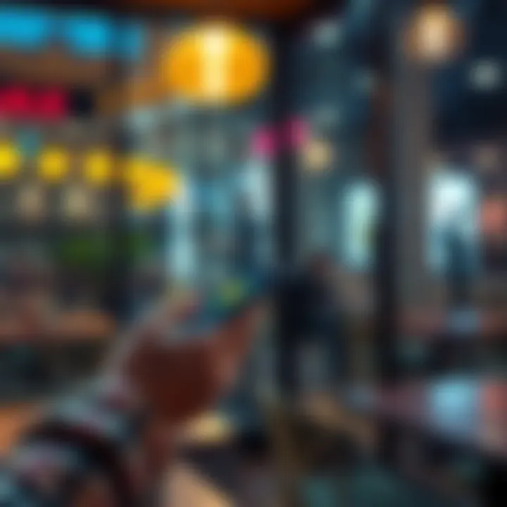 A person using a smartphone to make a digital cryptocurrency transaction at a cafe, showing the modern integration of crypto in everyday activities.