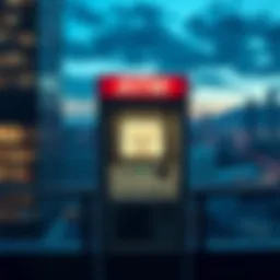 An empty cryptocurrency ATM with a sign indicating limited support, set against a city backdrop in New Zealand.