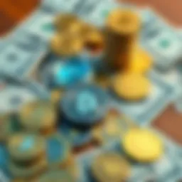 A mix of cryptocurrency coins and dollar bills on a table, representing the comparison between digital and fiat money.