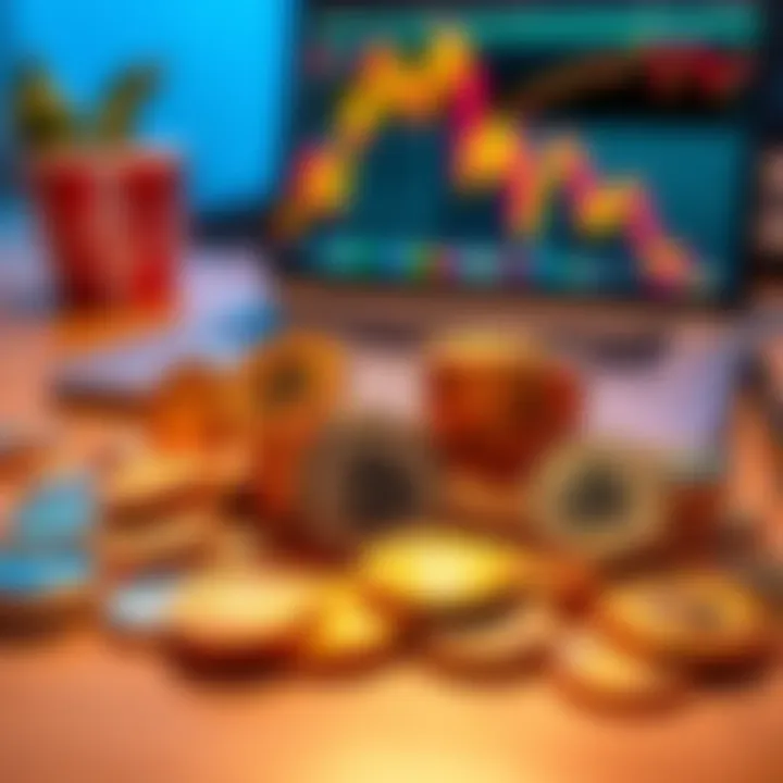 Various cryptocurrency coins scattered on a table with a laptop in the background, symbolizing investment opportunities.