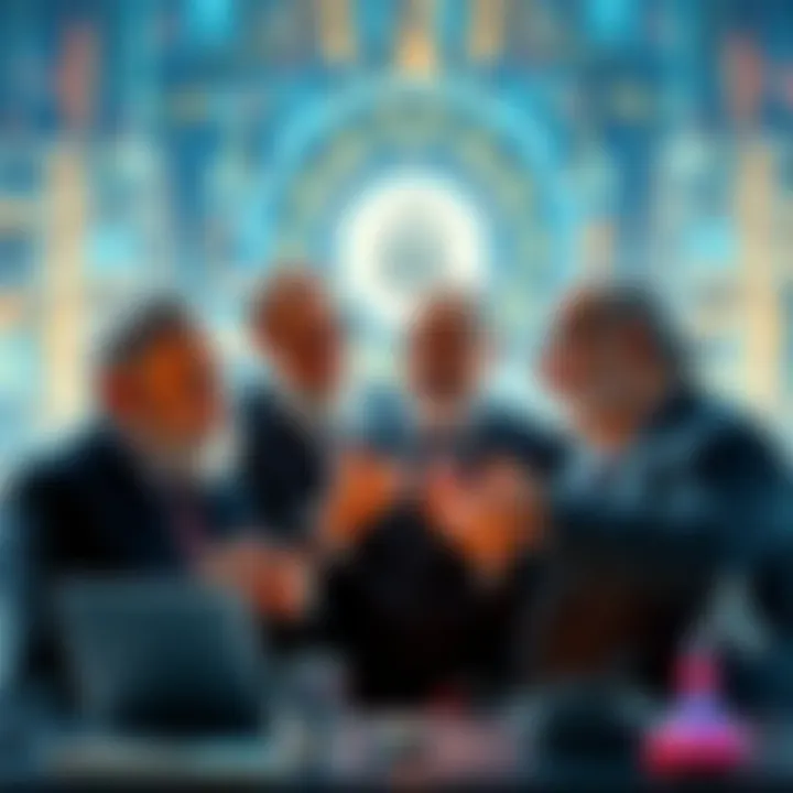 Whitfield Diffie, Martin Hellman, and Ralph C Merkle sharing ideas on cryptography, with a digital background symbolizing secure communication.