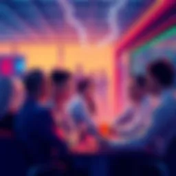 People discussing trading strategies and current events with Lightning Network icons