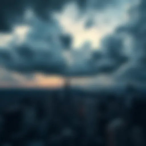 A city skyline with dark clouds signaling potential challenges ahead