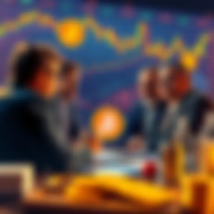 A group of people discussing the legitimacy of various cryptocurrencies, including Buttcoin, with charts and graphs in the background.