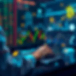 A person analyzing stock charts on a laptop, surrounded by symbols of digital currencies, reflecting financial pressure.