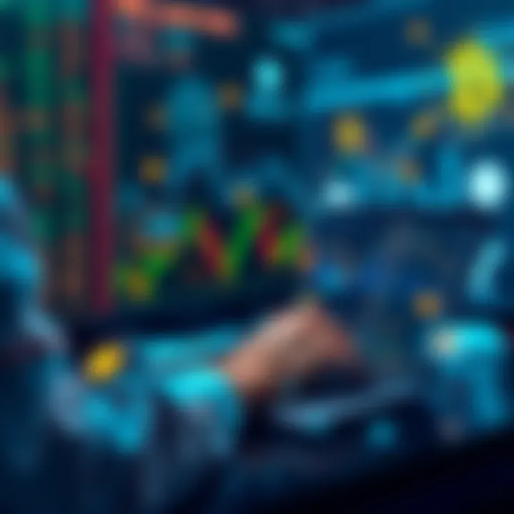 A person analyzing stock charts on a laptop, surrounded by symbols of digital currencies, reflecting financial pressure.