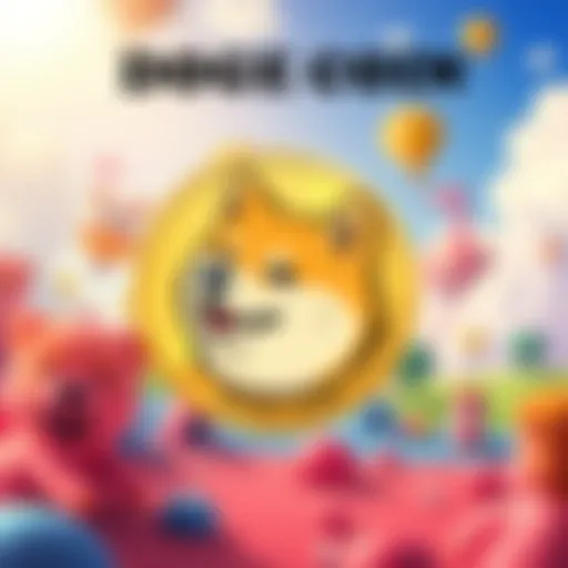 A vibrant illustration of the Doge Coin logo against a fun, playful background that reflects its meme origins. The logo features a Shiba Inu dog, symbolizing the lighthearted nature of the cryptocurrency.