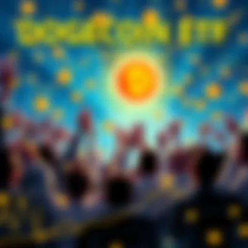 Investors celebrating the launch of the Dogecoin ETF with enthusiasm and excitement, showcasing Dogecoin symbols and cryptocurrency charts.