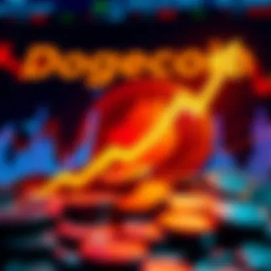 Chart showing Dogecoin price rising sharply with a background of a dogecoin logo and coins