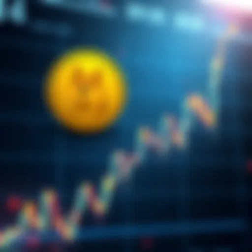 A visual representation of Dogecoin's price increasing, featuring the Dogecoin logo and upward trend lines on a chart.
