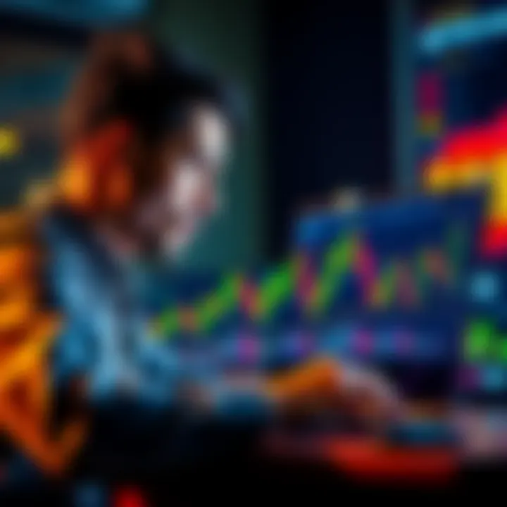 Individual looking at Dogecoin price chart on a laptop, contemplating a $48k investment