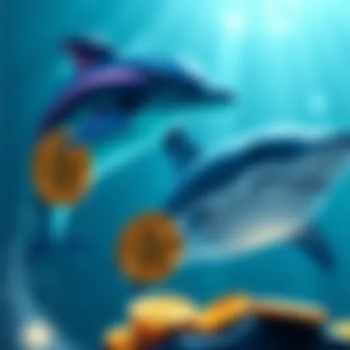 Illustration showing a dolphin and a shark with cryptocurrency coins, representing different holders in crypto