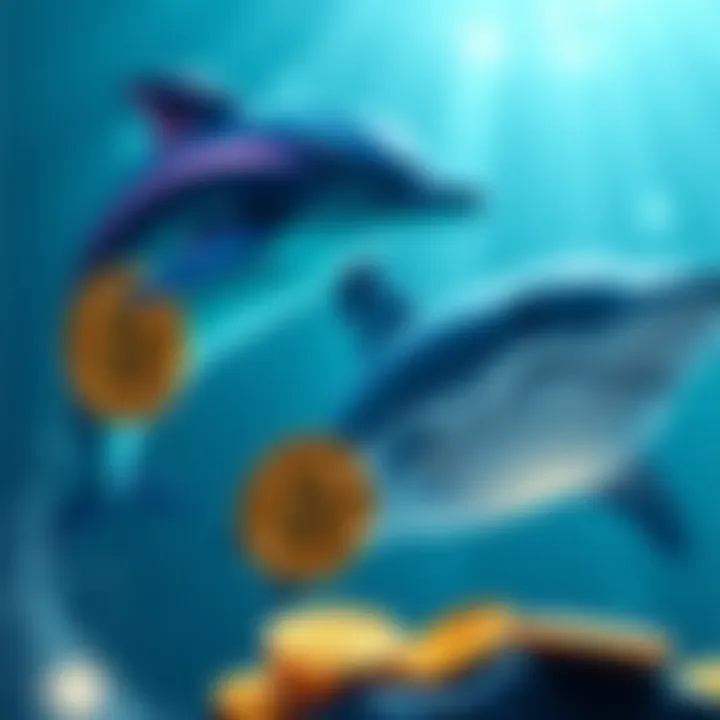 Illustration showing a dolphin and a shark with cryptocurrency coins, representing different holders in crypto