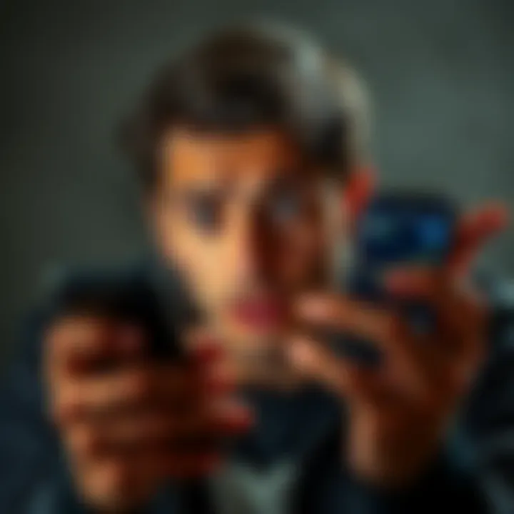 Dwindling Bitcoin Interest A person looking worried while viewing a declining Bitcoin graph on a smartphone, indicating fear in the market