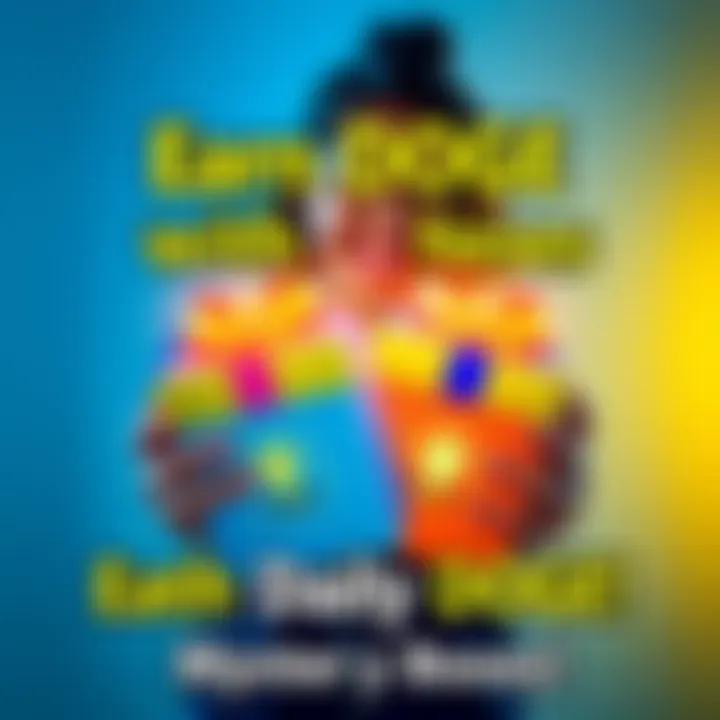 A person holding two colorful mystery boxes with a smiling face, representing daily DOGE earning opportunities.