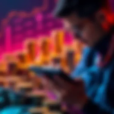 Earning Algos through Staking A person calculating monthly earnings from staking crypto, with stacks of digital coins in the background, indicating financial growth.