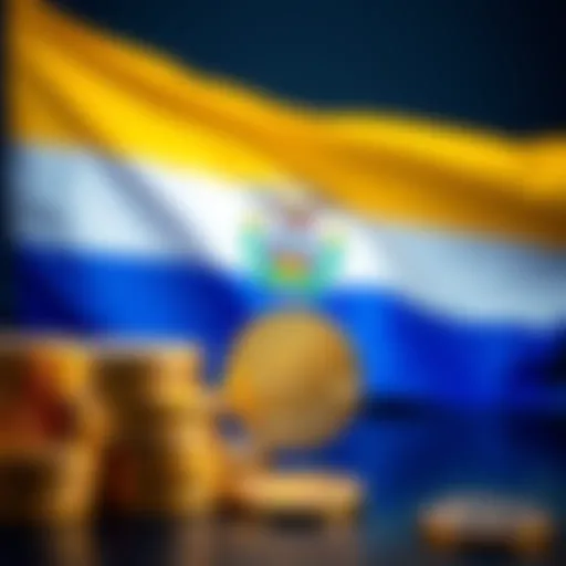 A stack of Bitcoin coins representing El Salvador's growing crypto reserves, with the national flag in the background, symbolizing its commitment to cryptocurrency.