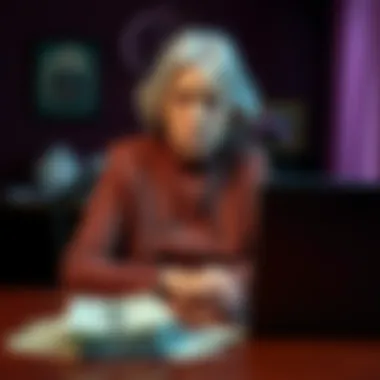 An elderly widow with a worried expression, sitting at a table with bills and a laptop, representing the impact of romance scams