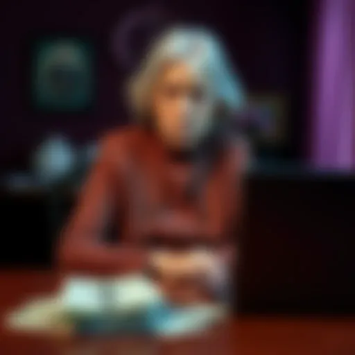 An elderly widow with a worried expression, sitting at a table with bills and a laptop, representing the impact of romance scams