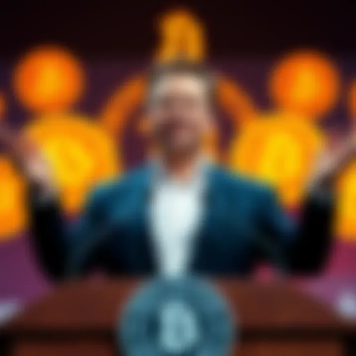 Elon Musk standing at a podium announcing a new political party that supports bitcoin, with a backdrop featuring bitcoin symbols and a visual of fiat currency being crossed out.