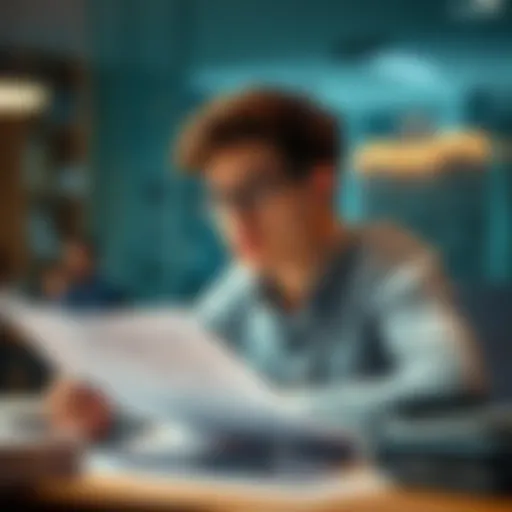 A young entrepreneur is sitting at a desk with financial documents, looking thoughtful about selling his company and real estate
