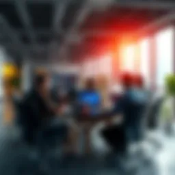 A group of developers collaborating on Ethereum projects, discussing advancements and strategies in a modern office setting.