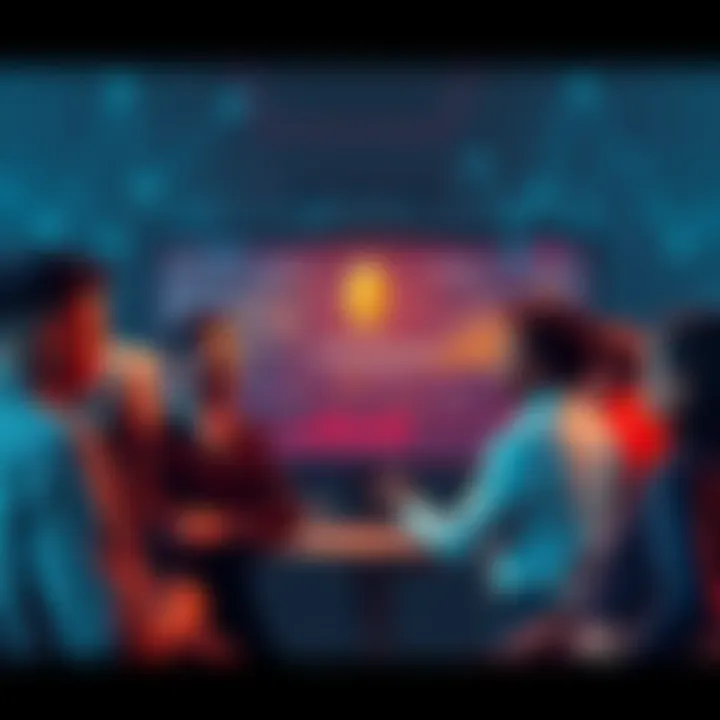 A group of diverse people engaging in a discussion about Ethereum, with charts and graphs displayed on a screen, symbolizing news and price updates.