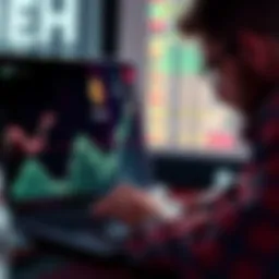 A graph showing Ethereum price trends with a person analyzing data on a laptop, indicating investment strategies.