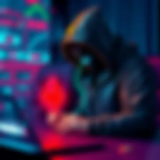 Graphic illustrating a phishing attack on Ethereum, showing a hacker targeting a digital wallet with a warning sign and money symbol.