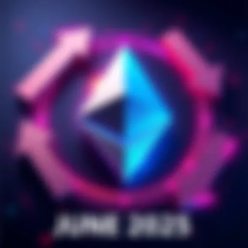 Ethereum logo surrounded by arrows indicating growth and trends for June 2025